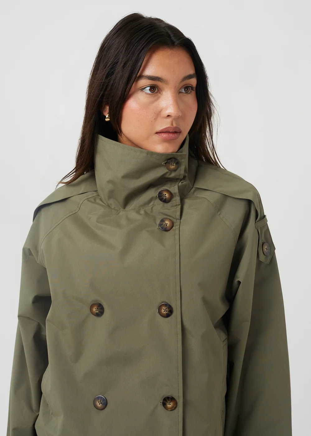 Brave Soul Khaki Oversized Collar Short Double Breasted Mac - 14 Image 4
