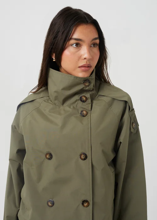 Brave Soul Khaki Oversized Collar Short Double Breasted Mac - 14 Image 4