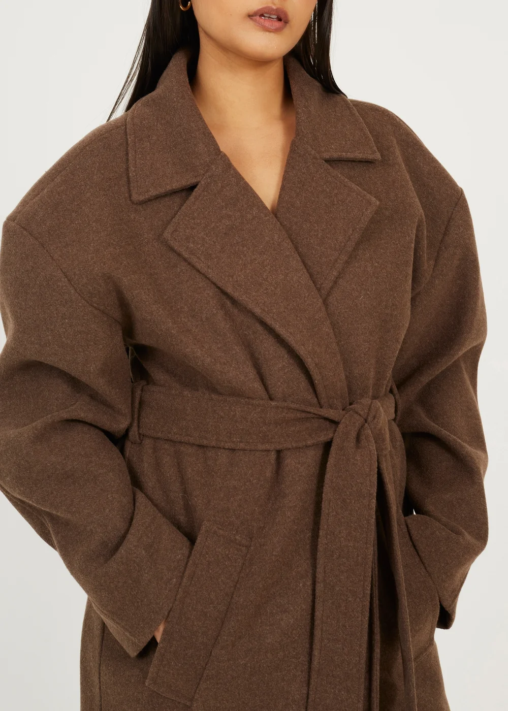 Brave Soul Brown Faux Wool Belted Trench Coat - 14 Image 4