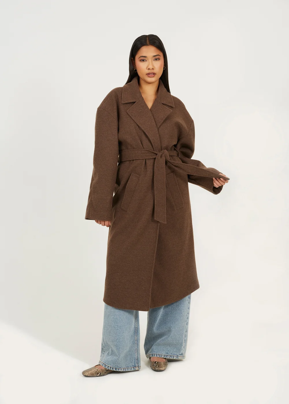 Brave Soul Brown Faux Wool Belted Trench Coat - 14 Image 3