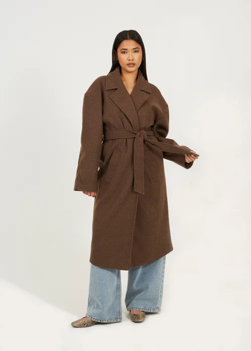 Brave Soul Brown Faux Wool Belted Trench Coat - 14 Image 3