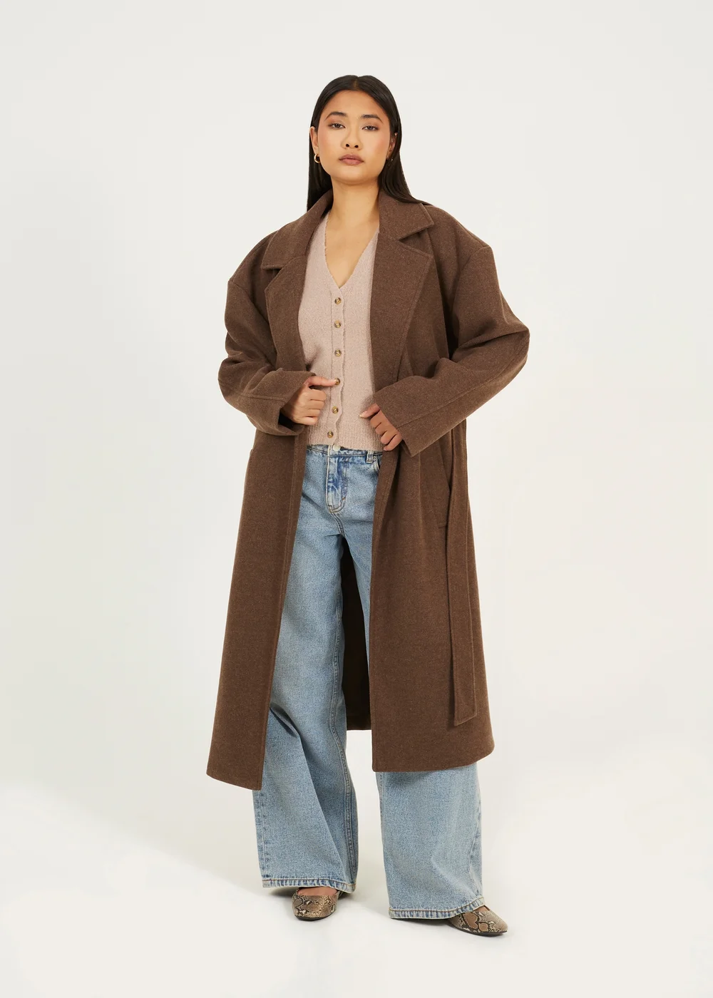 Brave Soul Brown Faux Wool Belted Trench Coat - 14 Image 1