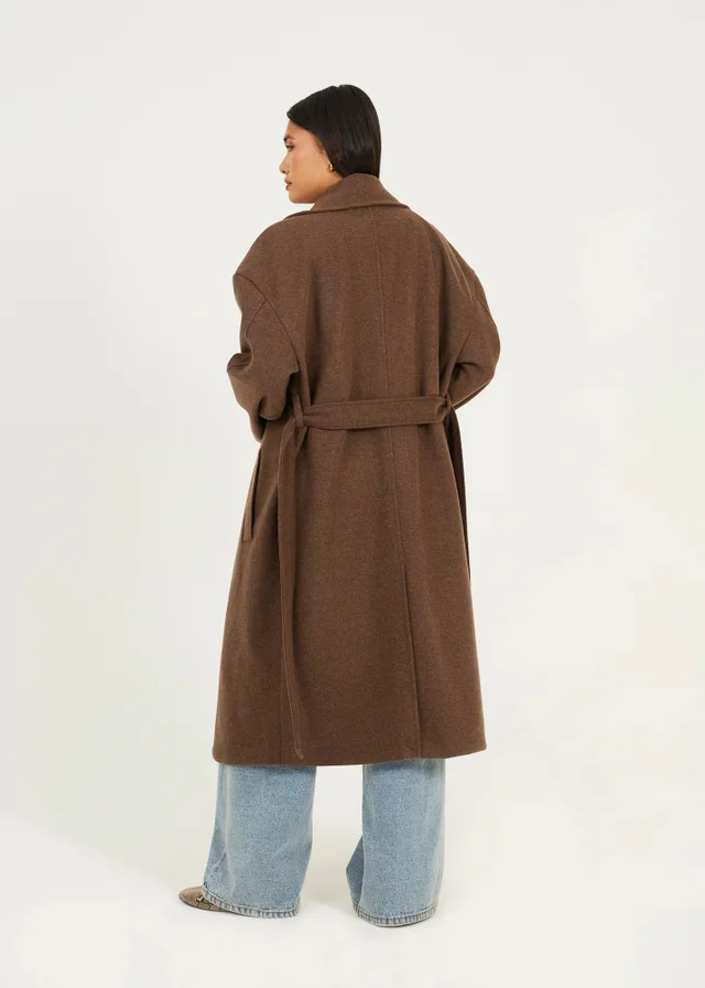 Brave Soul Brown Faux Wool Belted Trench Coat