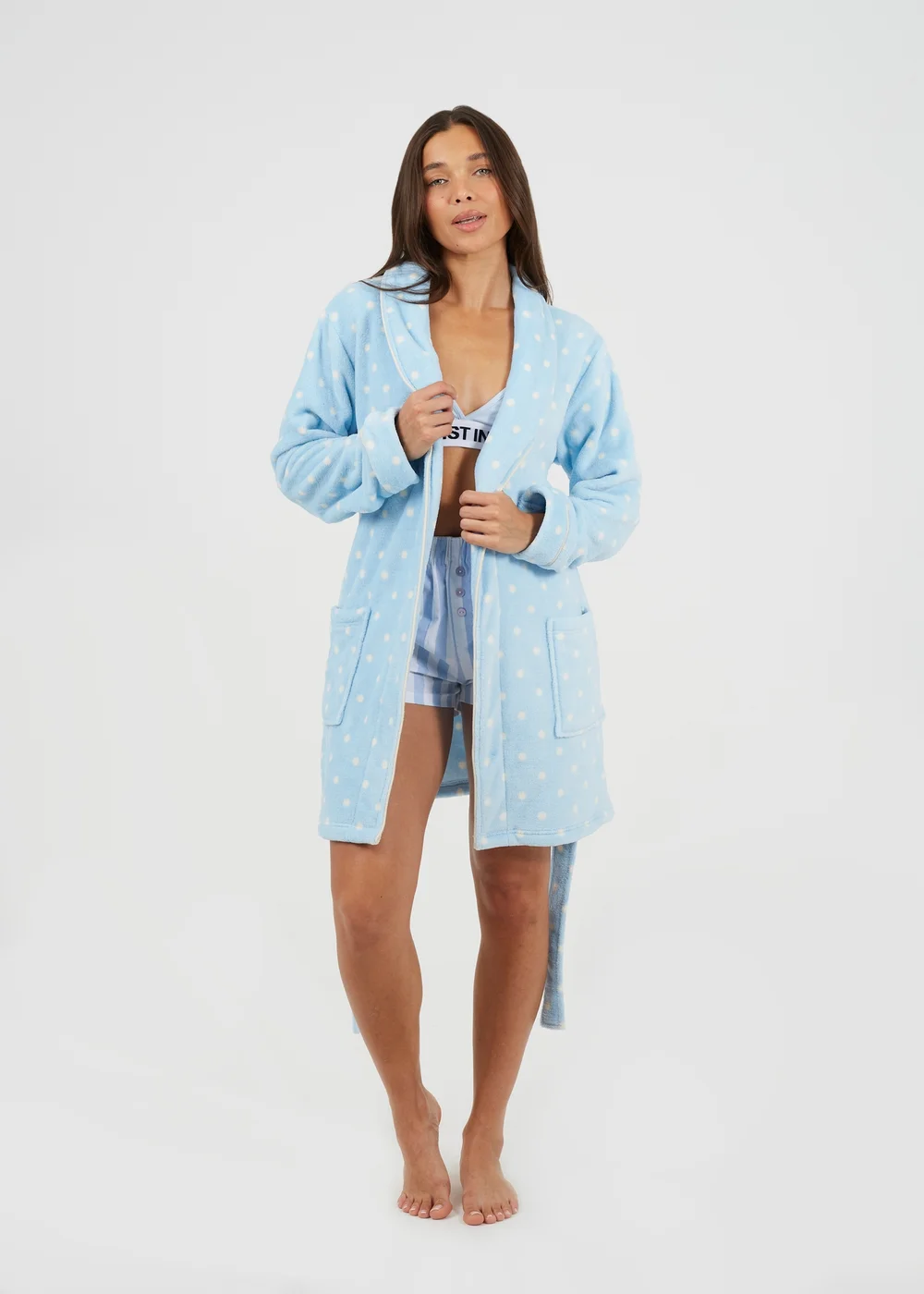 Brave Soul Blue Polka Dot Fleece Dressing Gown - L Image 3