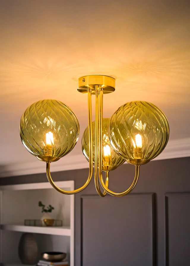 ValueLights Sydney Brushed Gold 3 Arm Twill Glass Ceiling Light