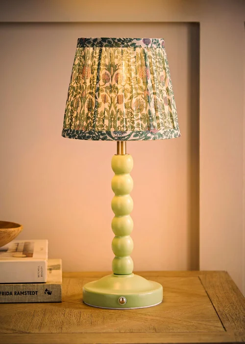 ValueLights Bobbin Sage Green Bobbin Rechargeable Table Lamp with Floral Pleated Shade - One Size Image 2