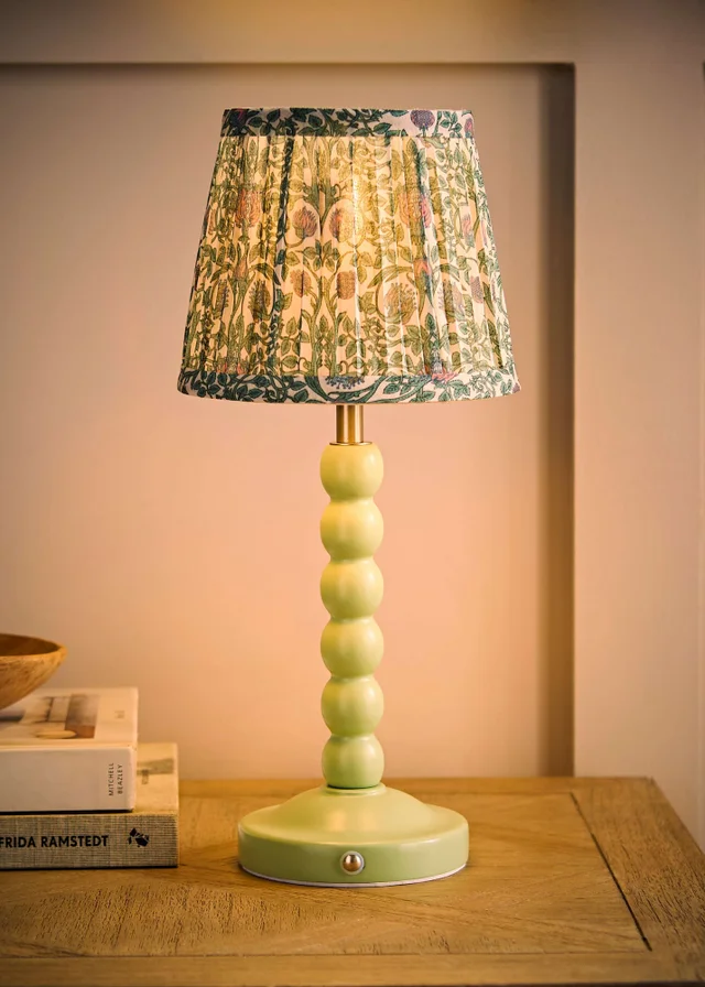 ValueLights Bobbin Sage Green Bobbin Rechargeable Table Lamp with Floral Pleated Shade