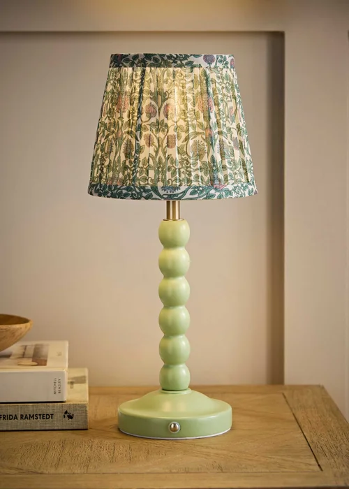 ValueLights Bobbin Sage Green Bobbin Rechargeable Table Lamp with Floral Pleated Shade - One Size Image 1