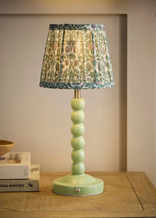 ValueLights Bobbin Sage Green Bobbin Rechargeable Table Lamp with Floral Pleated Shade