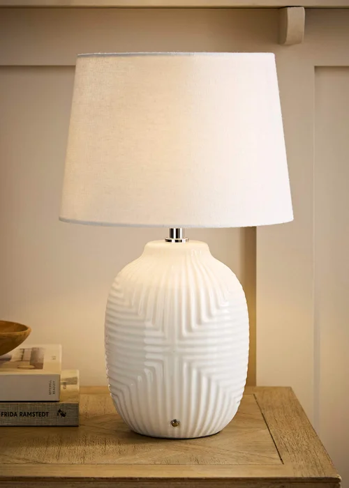 ValueLights Harrison White Medium Rechargeable Ribbed Ceramic Table Lamp - S Image 1