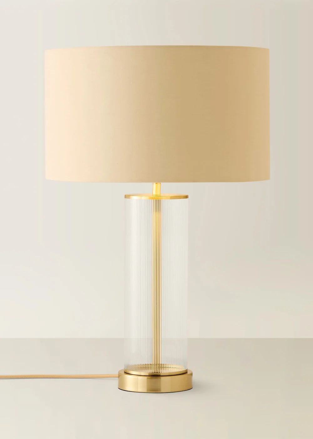ValueLights Calin Brushed Gold Ribbed Glass Table Lamp Base with Beige & Gold Inner Drum Shade - One Size Image 3