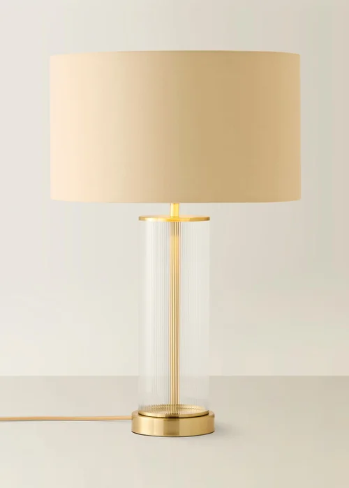 ValueLights Calin Brushed Gold Ribbed Glass Table Lamp Base with Beige & Gold Inner Drum Shade - One Size Image 3