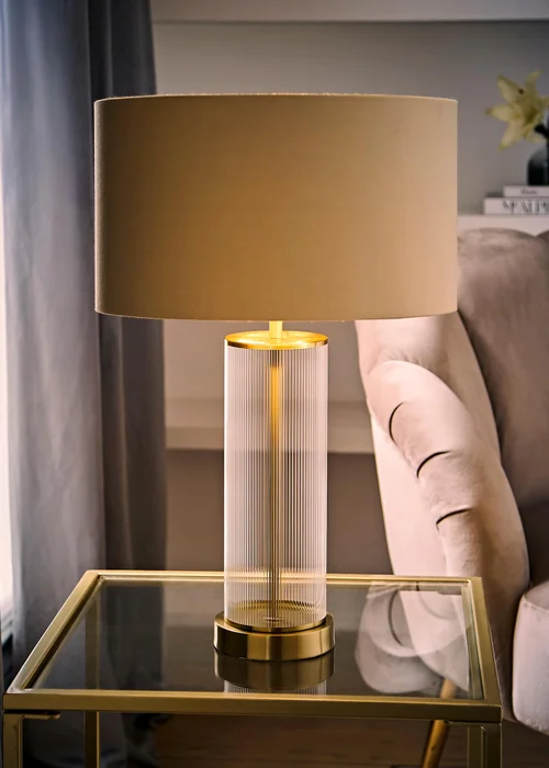 ValueLights Calin Brushed Gold Ribbed Glass Table Lamp Base with Beige & Gold Inner Drum Shade - One Size Image 2