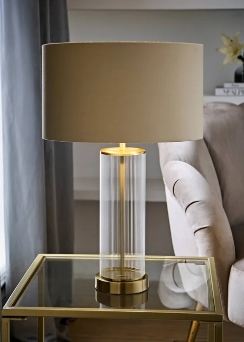 ValueLights Calin Brushed Gold Ribbed Glass Table Lamp Base with Beige & Gold Inner Drum Shade - One Size Image 1