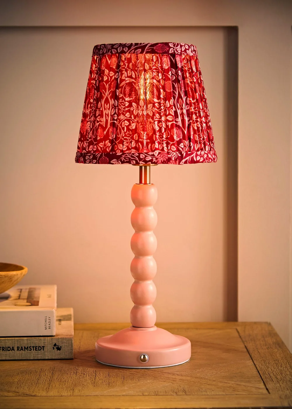 ValueLights Bobbin Rose Pink Bobbin Rechargeable Table Lamp with Burgundy Floral Pleated Shade - One Size Image 2