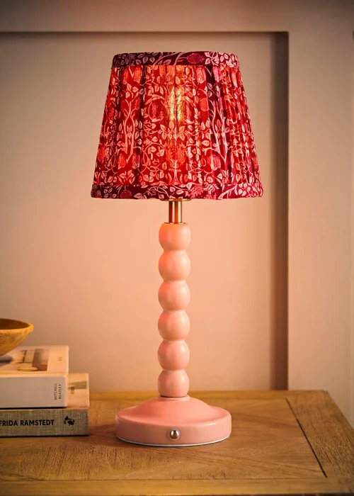 ValueLights Bobbin Rose Pink Bobbin Rechargeable Table Lamp with Burgundy Floral Pleated Shade - One Size Image 2