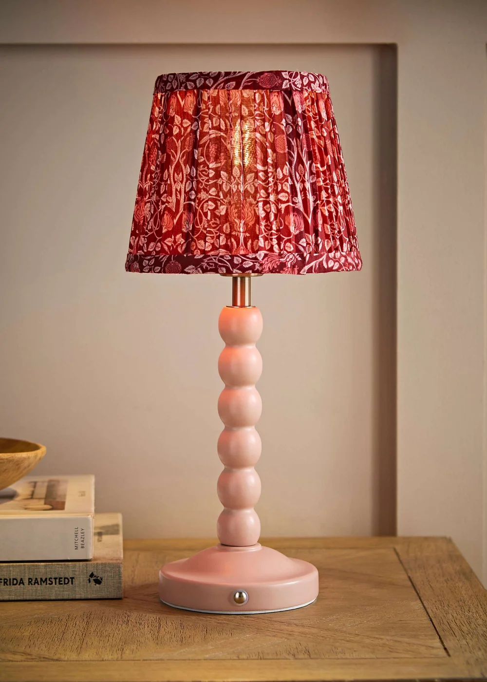 ValueLights Bobbin Rose Pink Bobbin Rechargeable Table Lamp with Burgundy Floral Pleated Shade - One Size Image 1