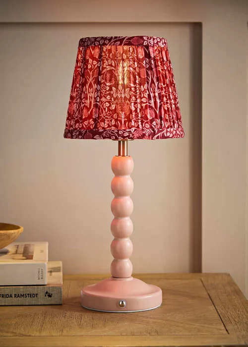 ValueLights Bobbin Rose Pink Bobbin Rechargeable Table Lamp with Burgundy Floral Pleated Shade - One Size Image 1
