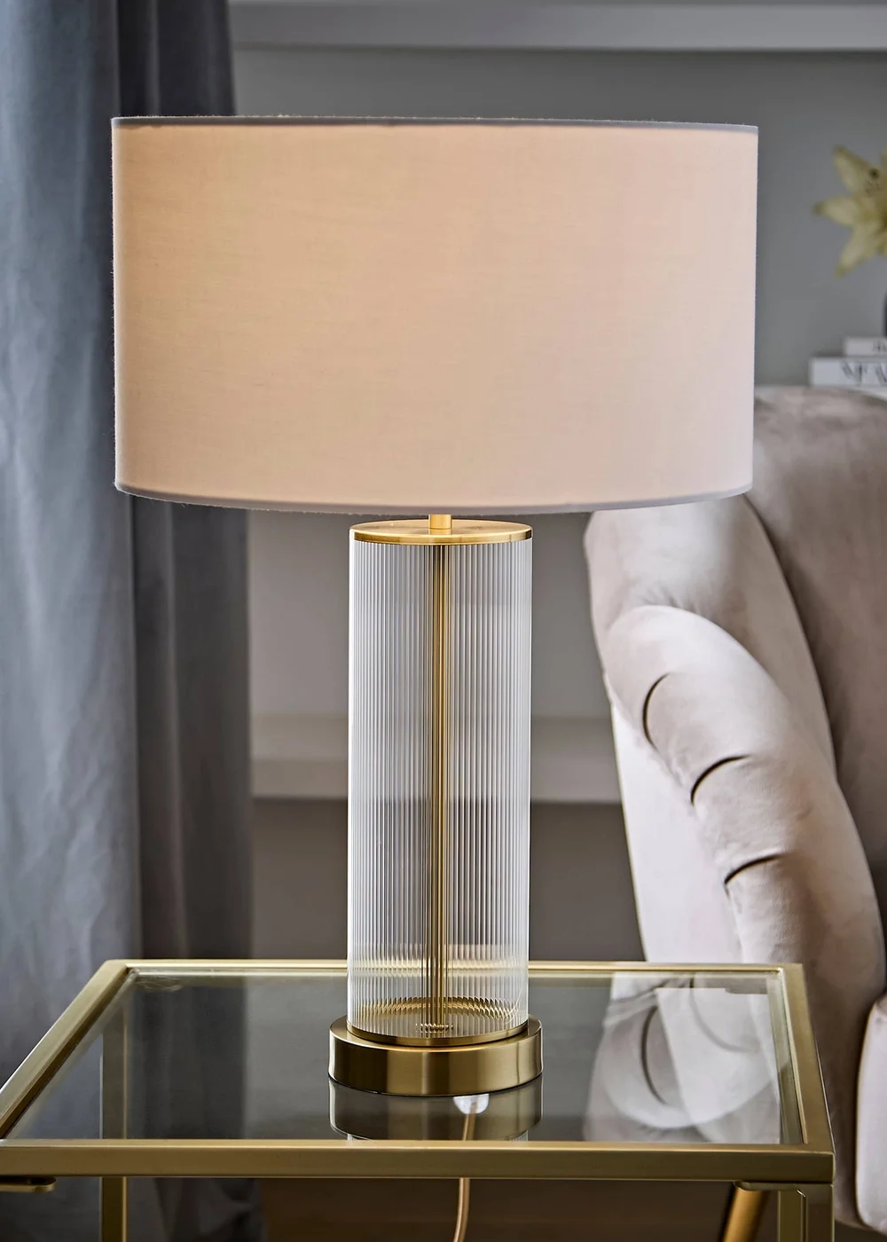 ValueLights Calin Brushed Gold Ribbed Glass Table Lamp Base with White Drum Shade - One Size Image 1