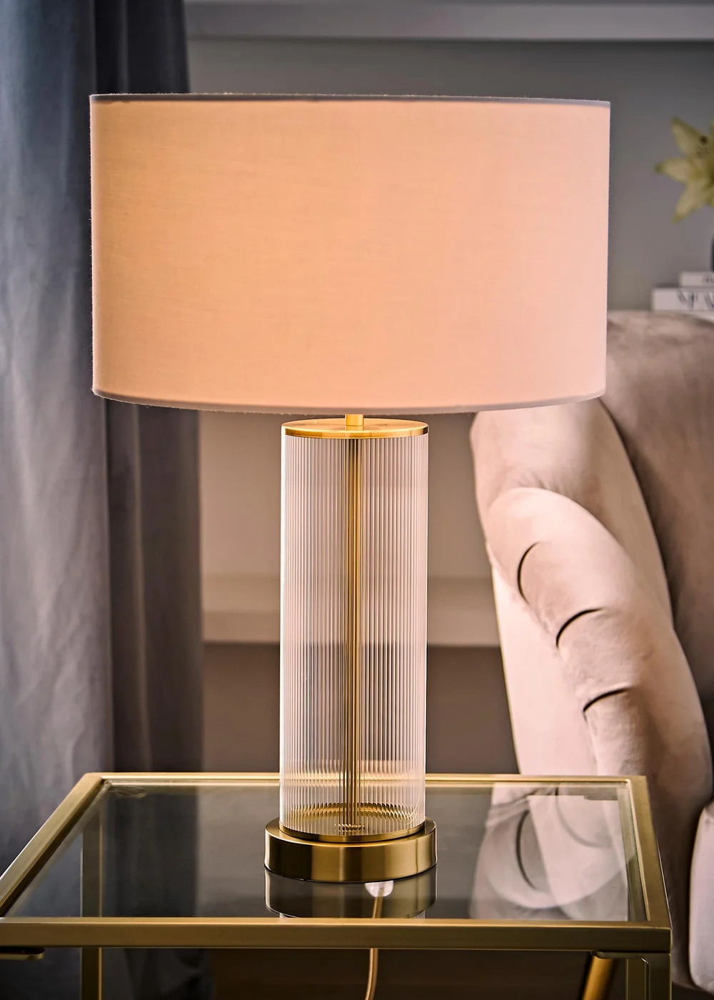 ValueLights Calin Brushed Gold Ribbed Glass Table Lamp Base with White Drum Shade - One Size Image 2