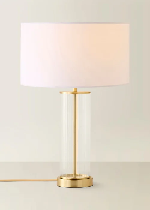 ValueLights Calin Brushed Gold Ribbed Glass Table Lamp Base with White Drum Shade - One Size Image 3