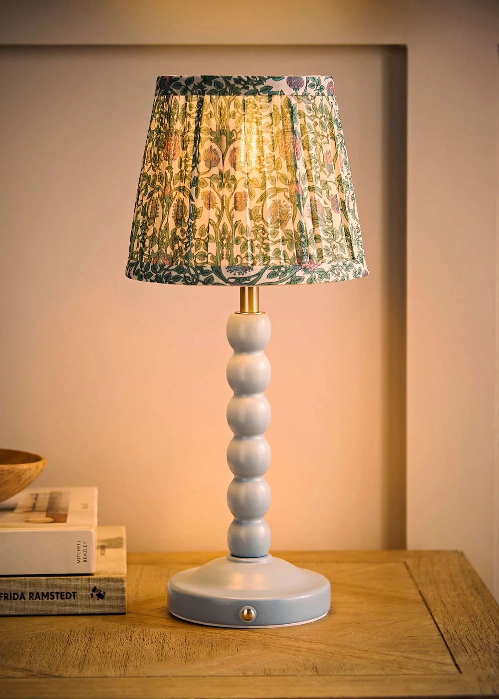 ValueLights Bobbin Powder Blue Bobbin Rechargeable Table Lamp with Floral Pleated Shade - One Size Image 2