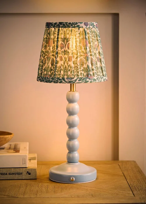 ValueLights Bobbin Powder Blue Bobbin Rechargeable Table Lamp with Floral Pleated Shade - One Size Image 2
