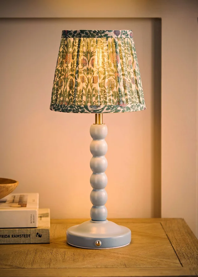 ValueLights Bobbin Powder Blue Bobbin Rechargeable Table Lamp with Floral Pleated Shade