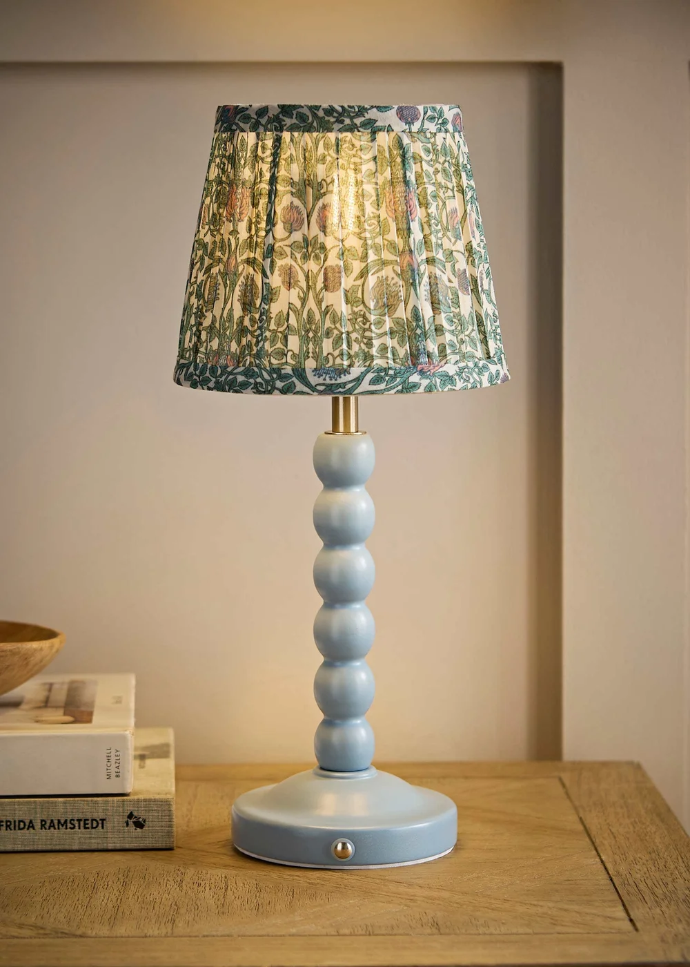 ValueLights Bobbin Powder Blue Bobbin Rechargeable Table Lamp with Floral Pleated Shade - One Size Image 1