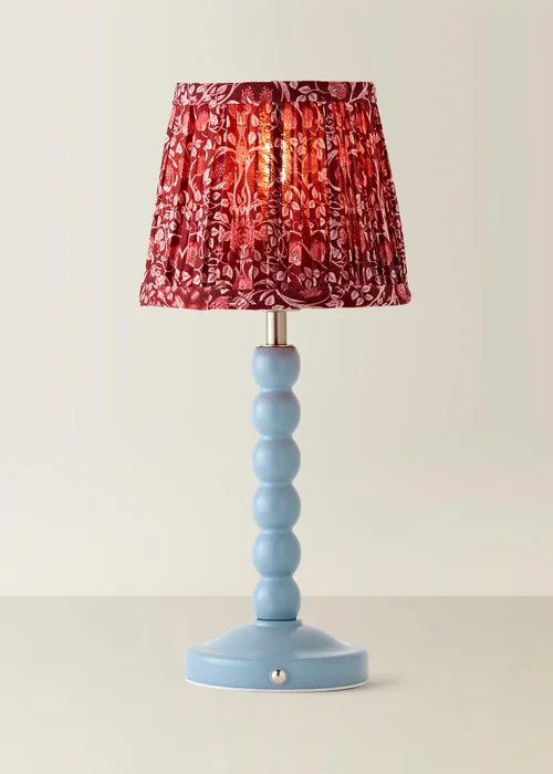 ValueLights Bobbin Powder Blue Bobbin Rechargeable Table Lamp with Burgundy Floral Pleated Shade - One Size Image 3