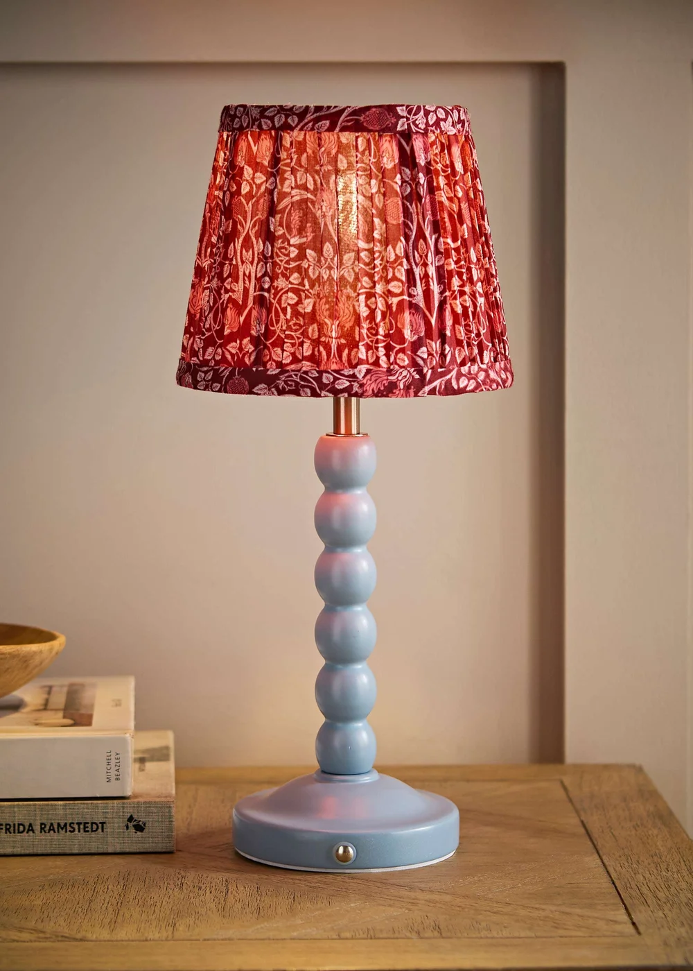 ValueLights Bobbin Powder Blue Bobbin Rechargeable Table Lamp with Burgundy Floral Pleated Shade - One Size Image 1