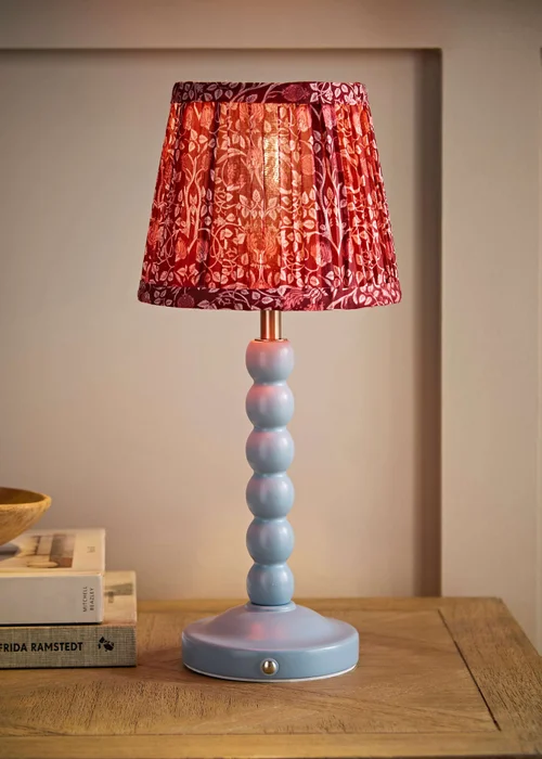 ValueLights Bobbin Powder Blue Bobbin Rechargeable Table Lamp with Burgundy Floral Pleated Shade - One Size Image 1