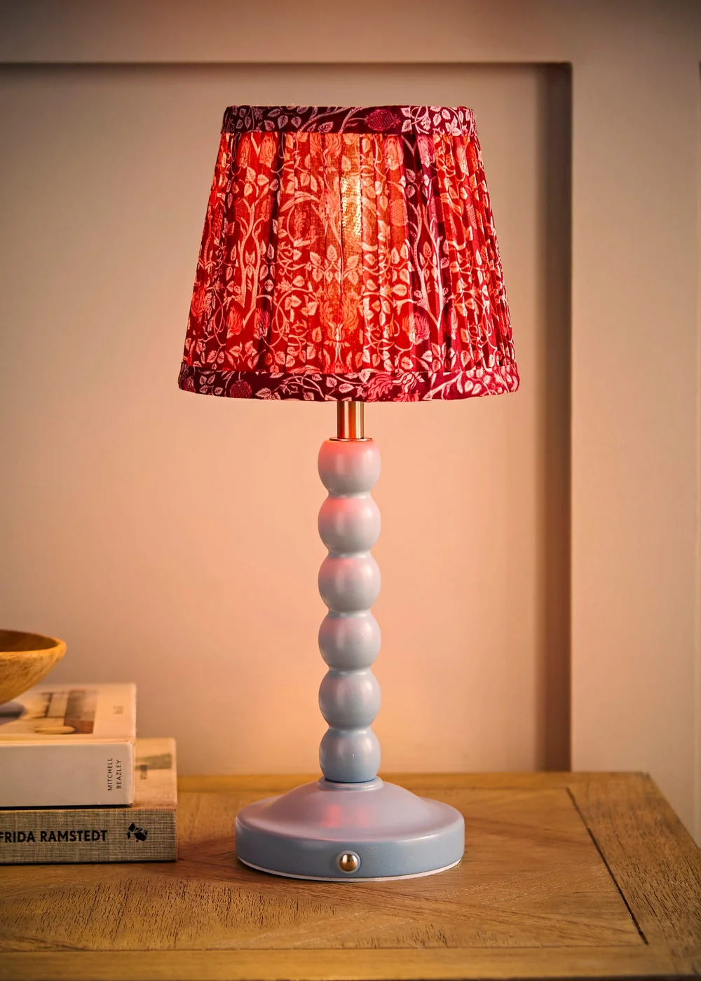 ValueLights Bobbin Powder Blue Bobbin Rechargeable Table Lamp with Burgundy Floral Pleated Shade - One Size Image 2