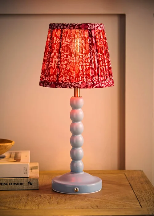 ValueLights Bobbin Powder Blue Bobbin Rechargeable Table Lamp with Burgundy Floral Pleated Shade - One Size Image 2