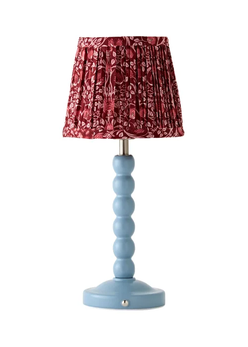 ValueLights Bobbin Powder Blue Bobbin Rechargeable Table Lamp with Burgundy Floral Pleated Shade - One Size Image 5