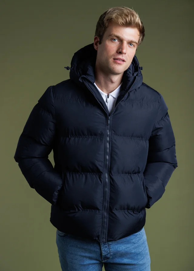 French Connection Navy Hooded Puffer Jacket with High Neck