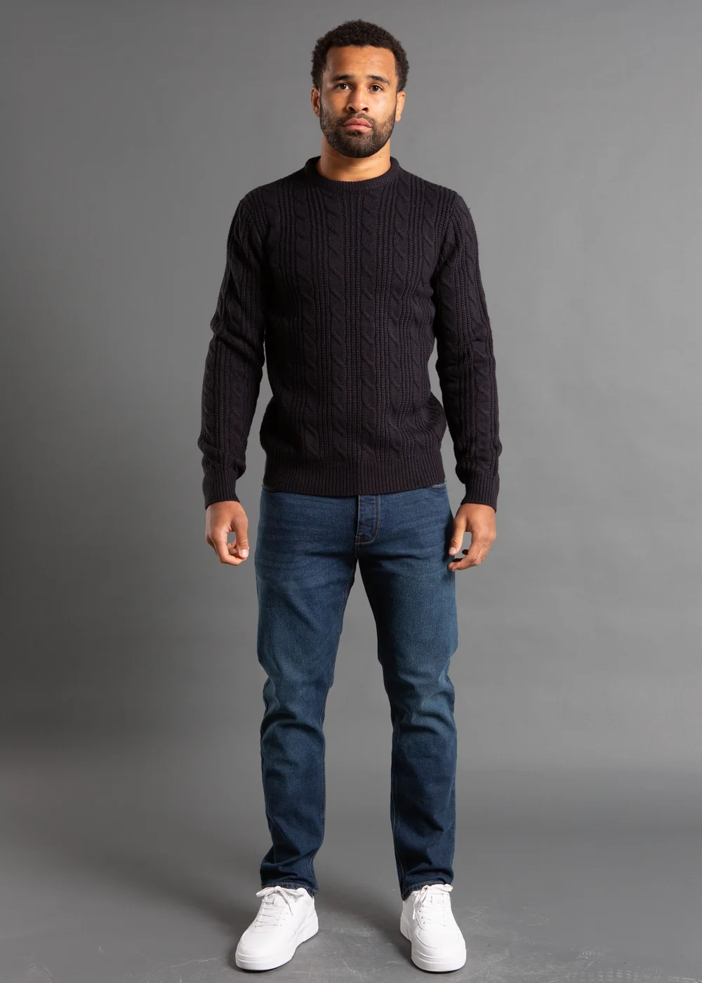 French Connection Navy Cable Knit Crew Neck Jumper - L Image 4