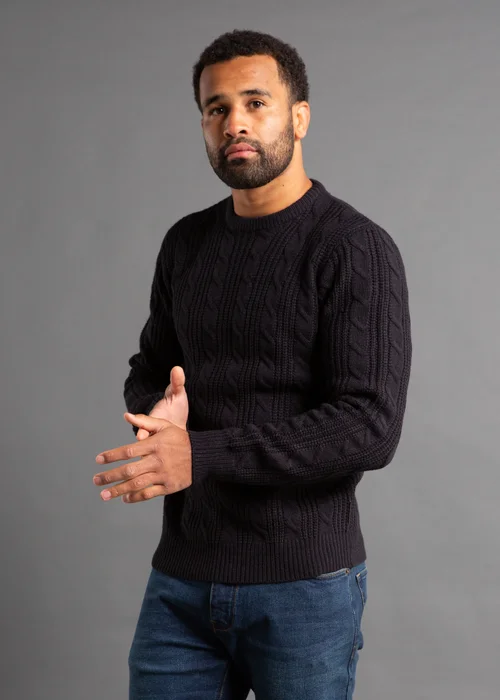 French Connection Navy Cable Knit Crew Neck Jumper - L Image 1