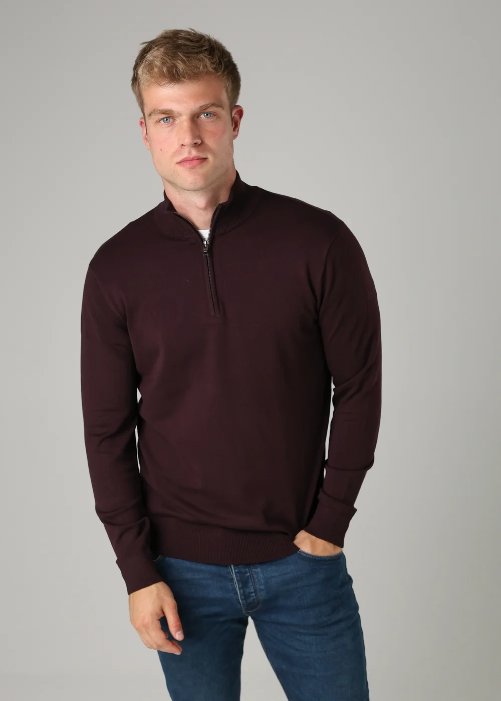 French Connection Burgundy 1/2 Zip Knitted Jumper - S Image 1