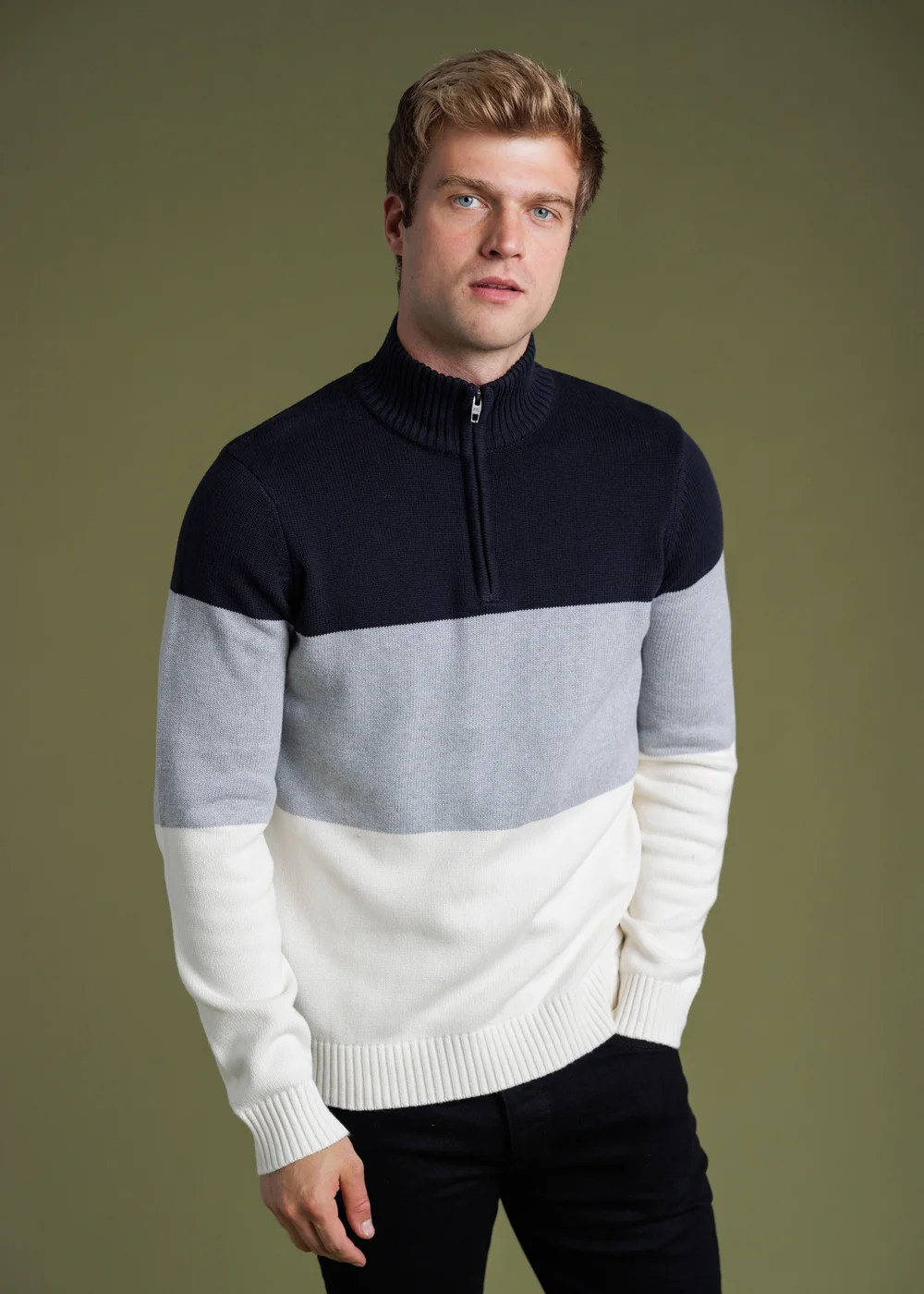 French Connection Navy 1/2 Zip Colourblock Knitted Jumper - S Image 1
