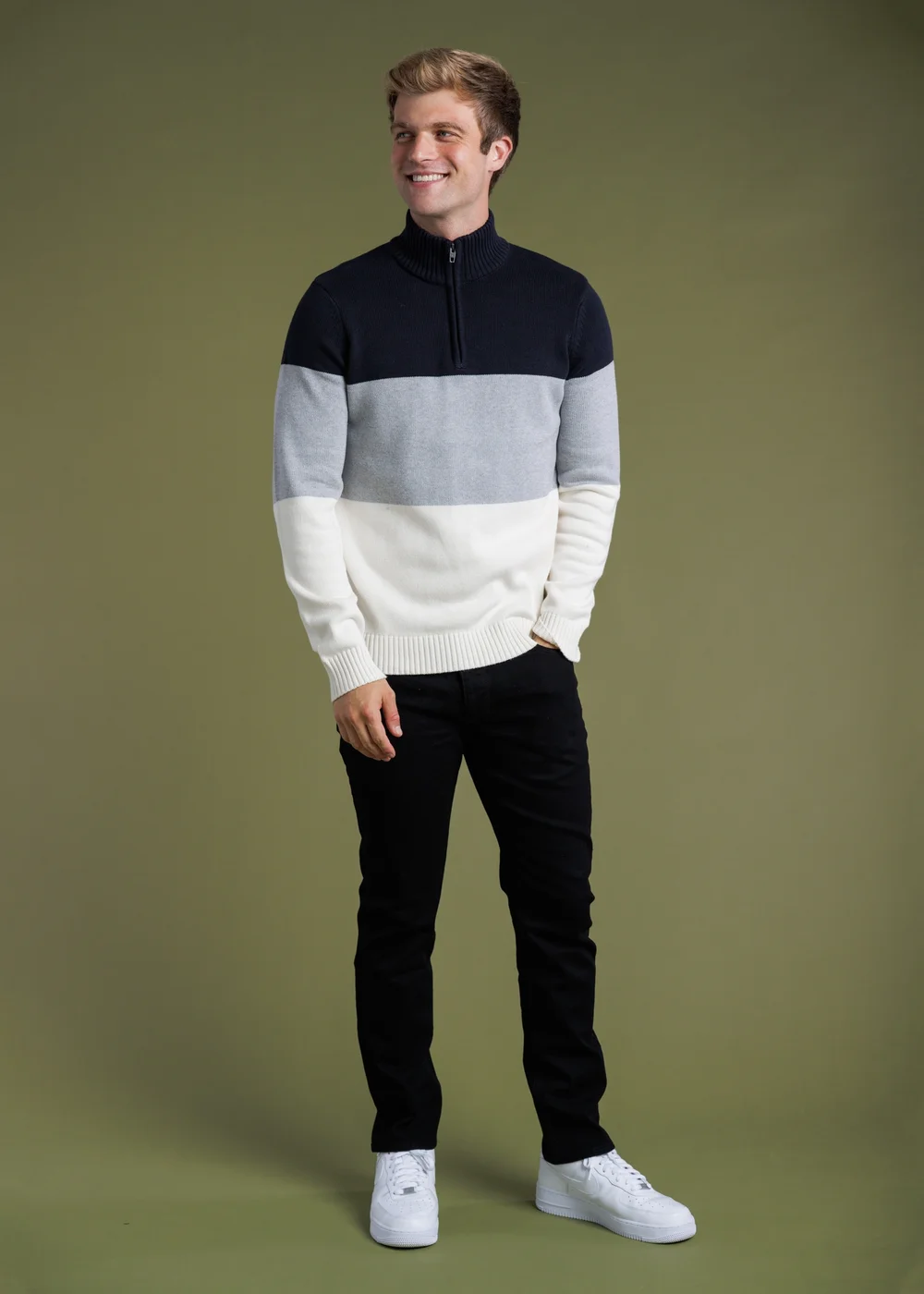 French Connection Navy 1/2 Zip Colourblock Knitted Jumper - S Image 4