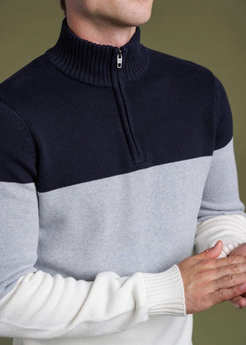 French Connection Navy 1/2 Zip Colourblock Knitted Jumper - S Image 3