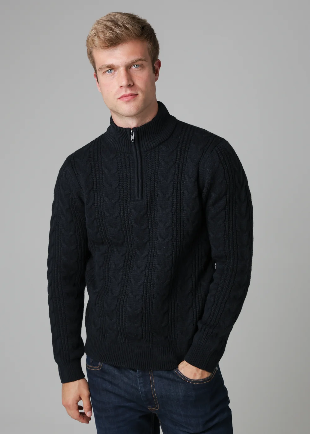 French Connection Navy 1/2 Zip Cable Knit Jumper - S Image 1