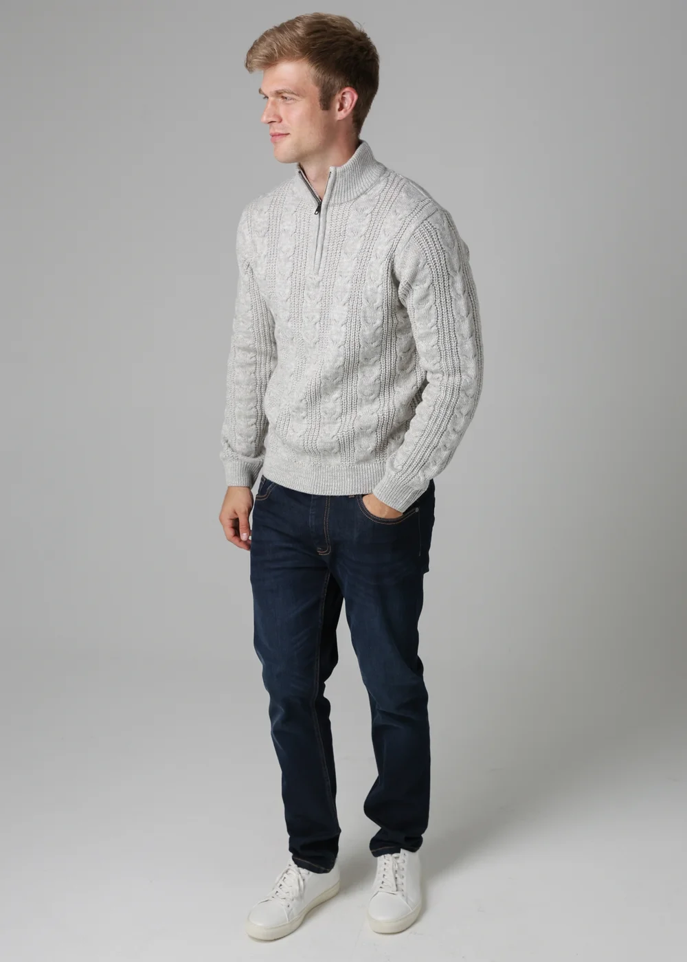 French Connection Ecru 1/2 Zip Cable Knit Jumper - 2XL Image 4