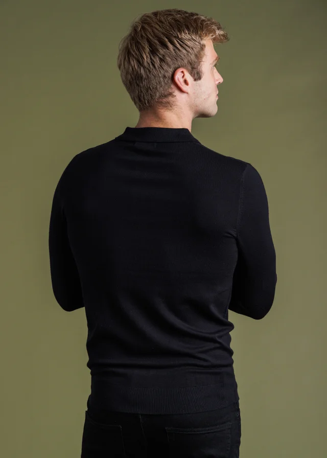 French Connection Black Long Sleeve Button Knitted Polo Top