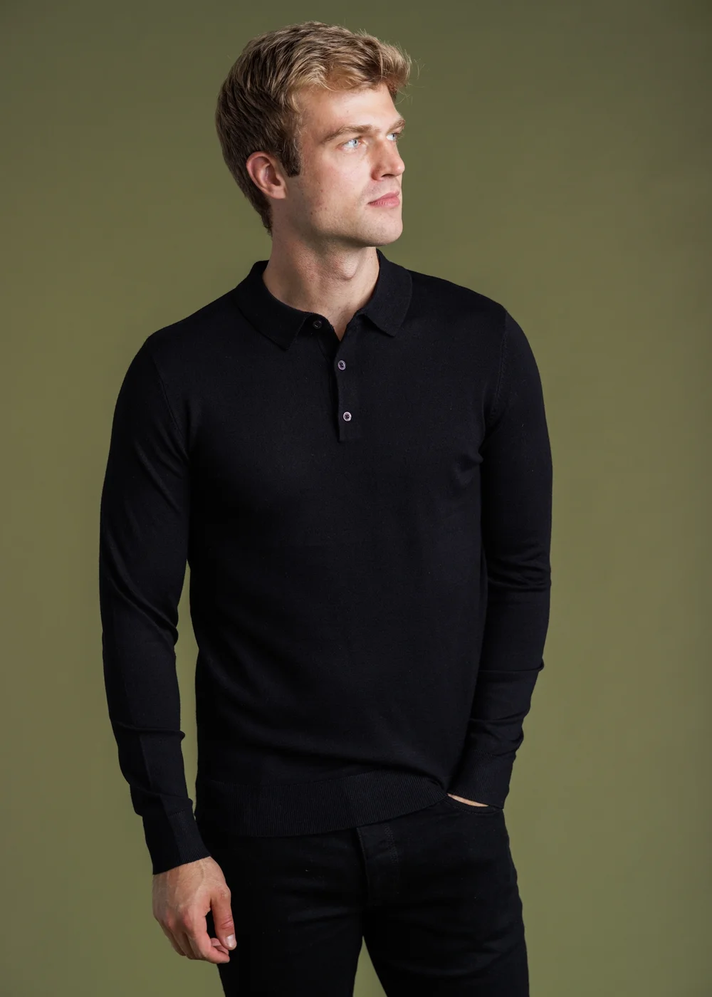 French Connection Black Long Sleeve Button Knitted Polo Top - S Image 1