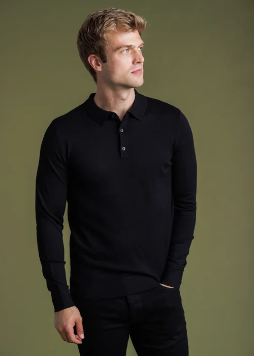 French Connection Black Long Sleeve Button Knitted Polo Top - S Image 1