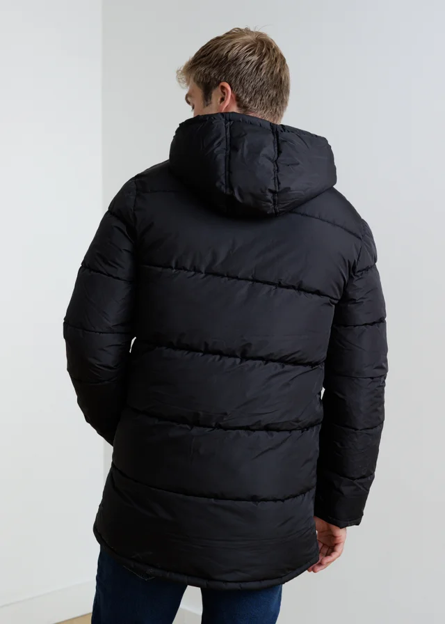 French Connection Black Hooded Parka Longline Zip-Through Jacket