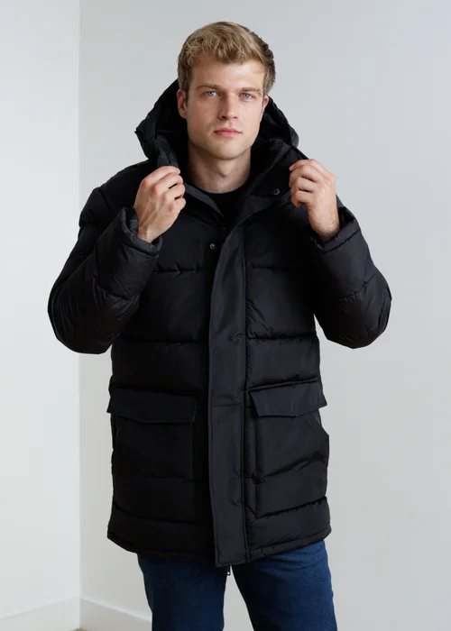 French Connection Black Hooded Parka Longline Zip-Through Jacket - L Image 1