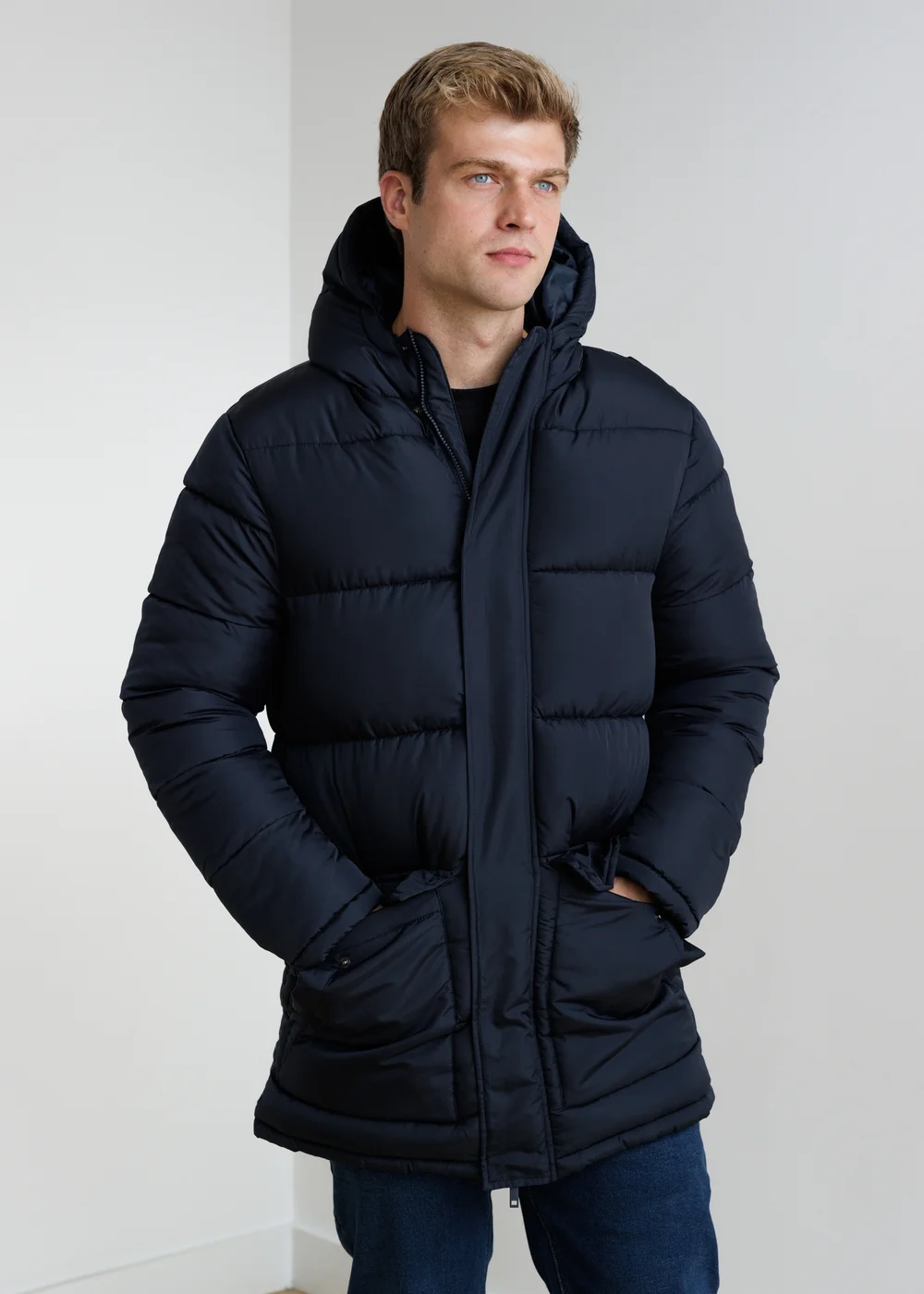 French Connection Navy Hooded Parka Longline Zip-Through Jacket - 2XL Image 1